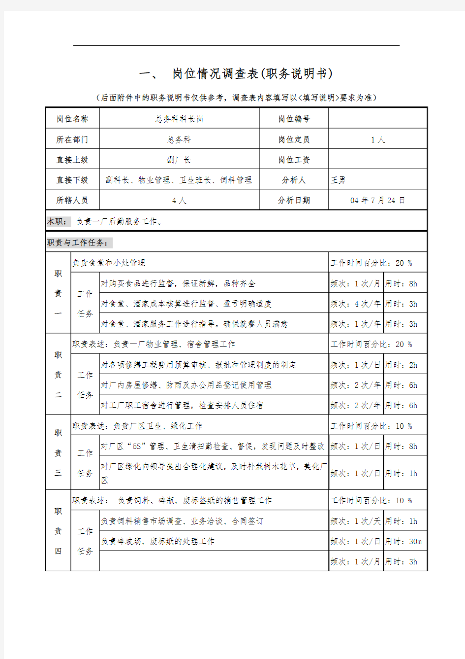 总务科科长职位说明书