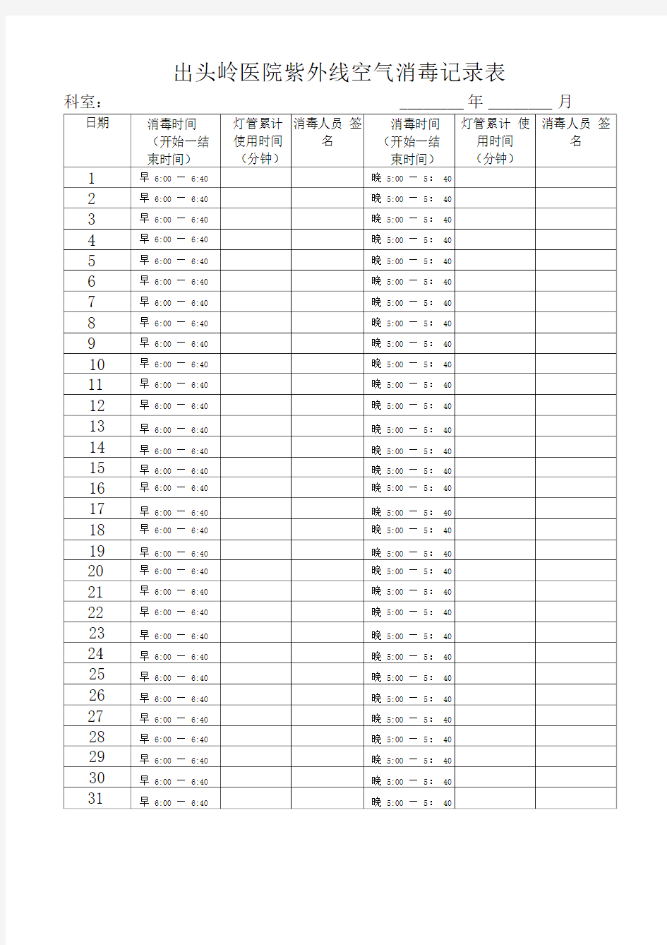 医院紫外线消毒灯监控记录表