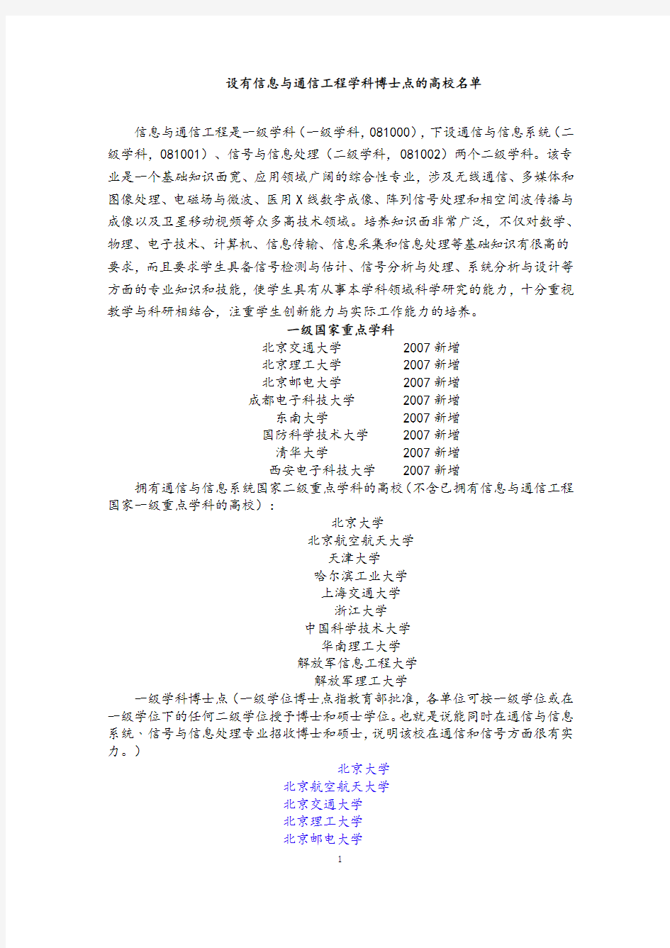 设有信息与通信工程学科博士点的高校名单.docx
