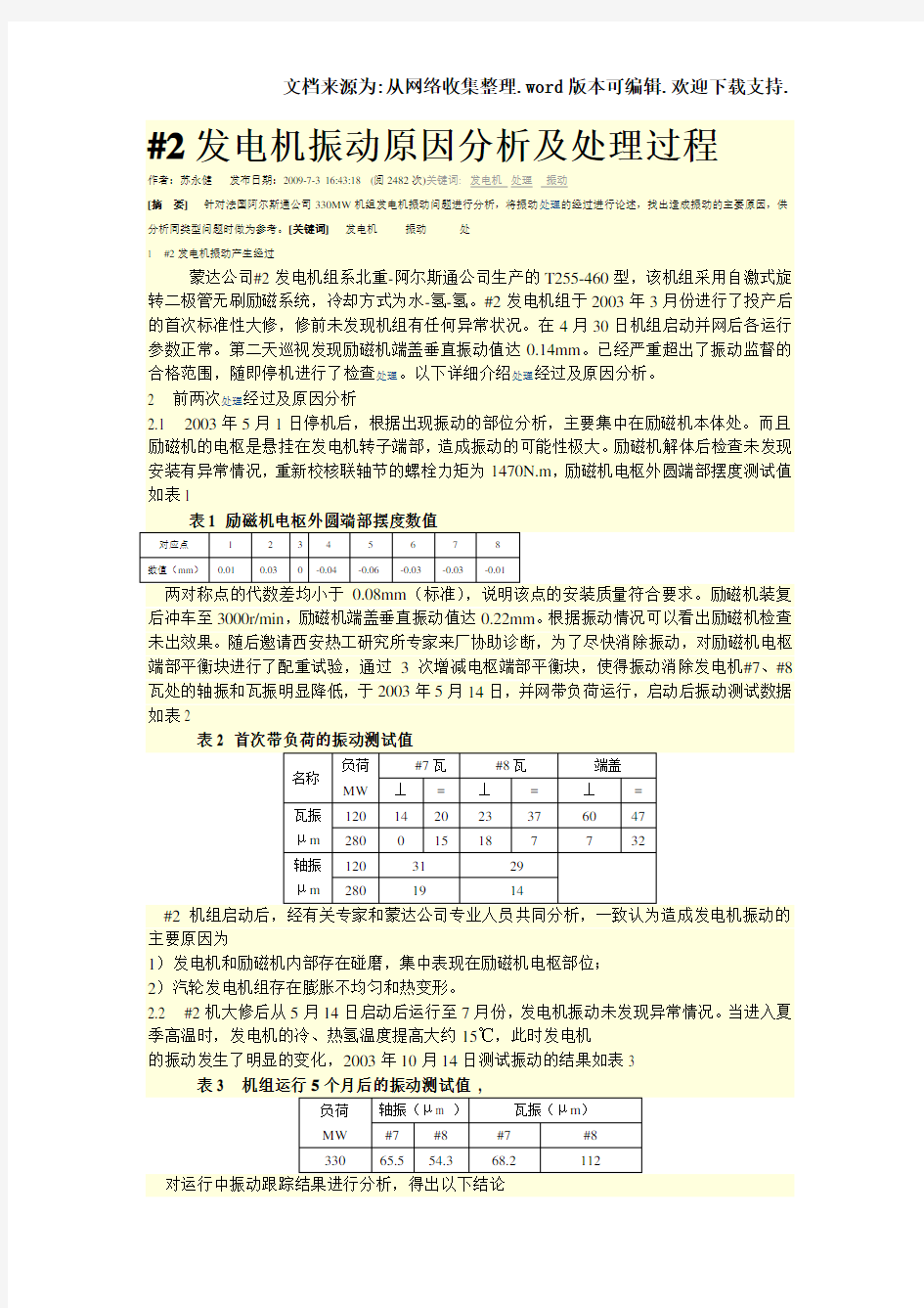 发电机振动原因分析及处理过程