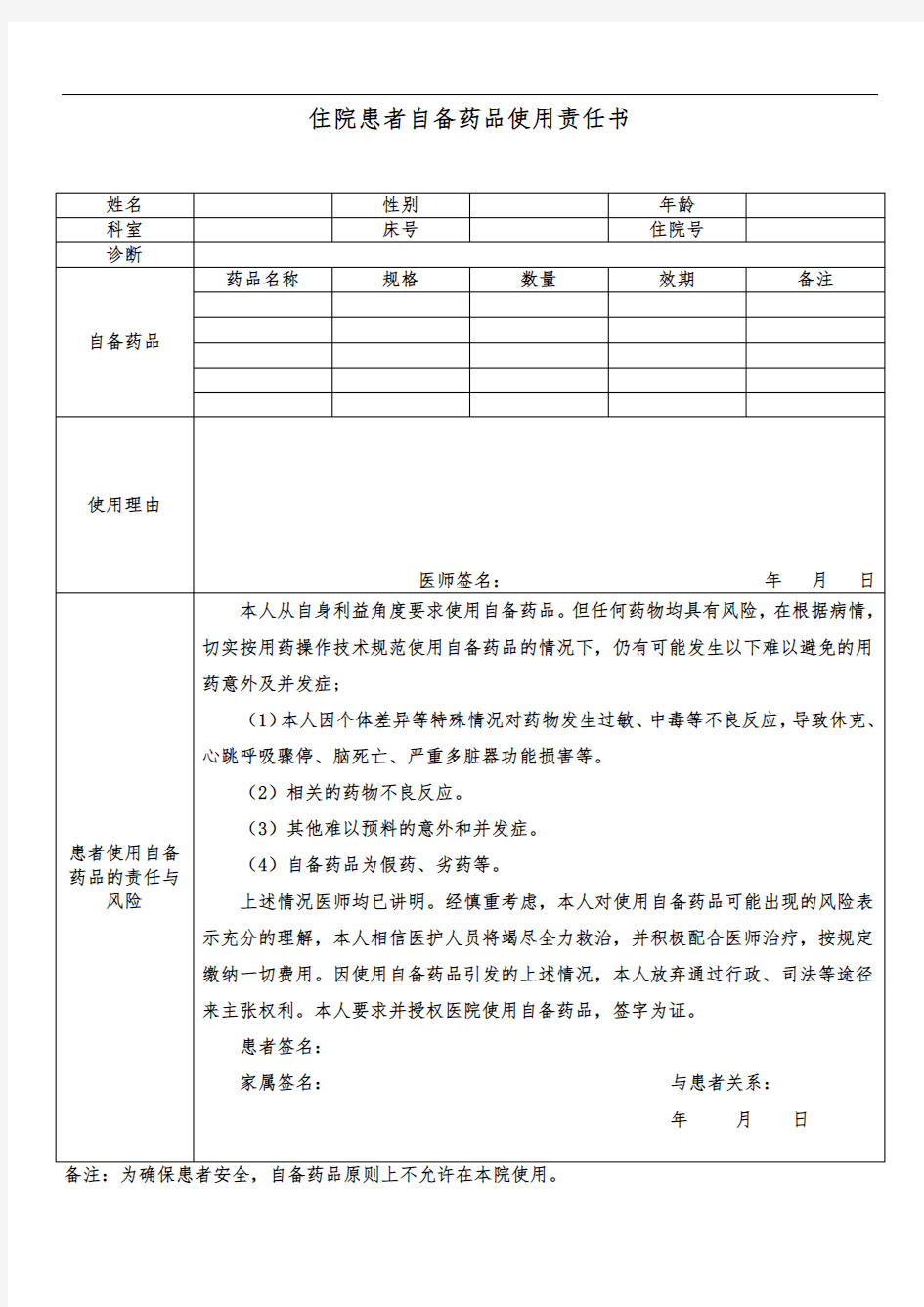 住院患者自备药品使用责任书