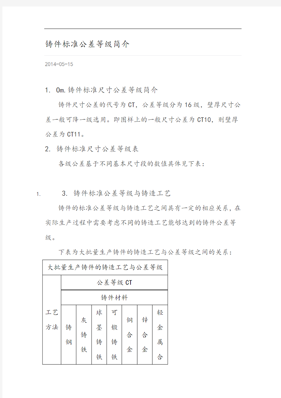 铸件公差等级