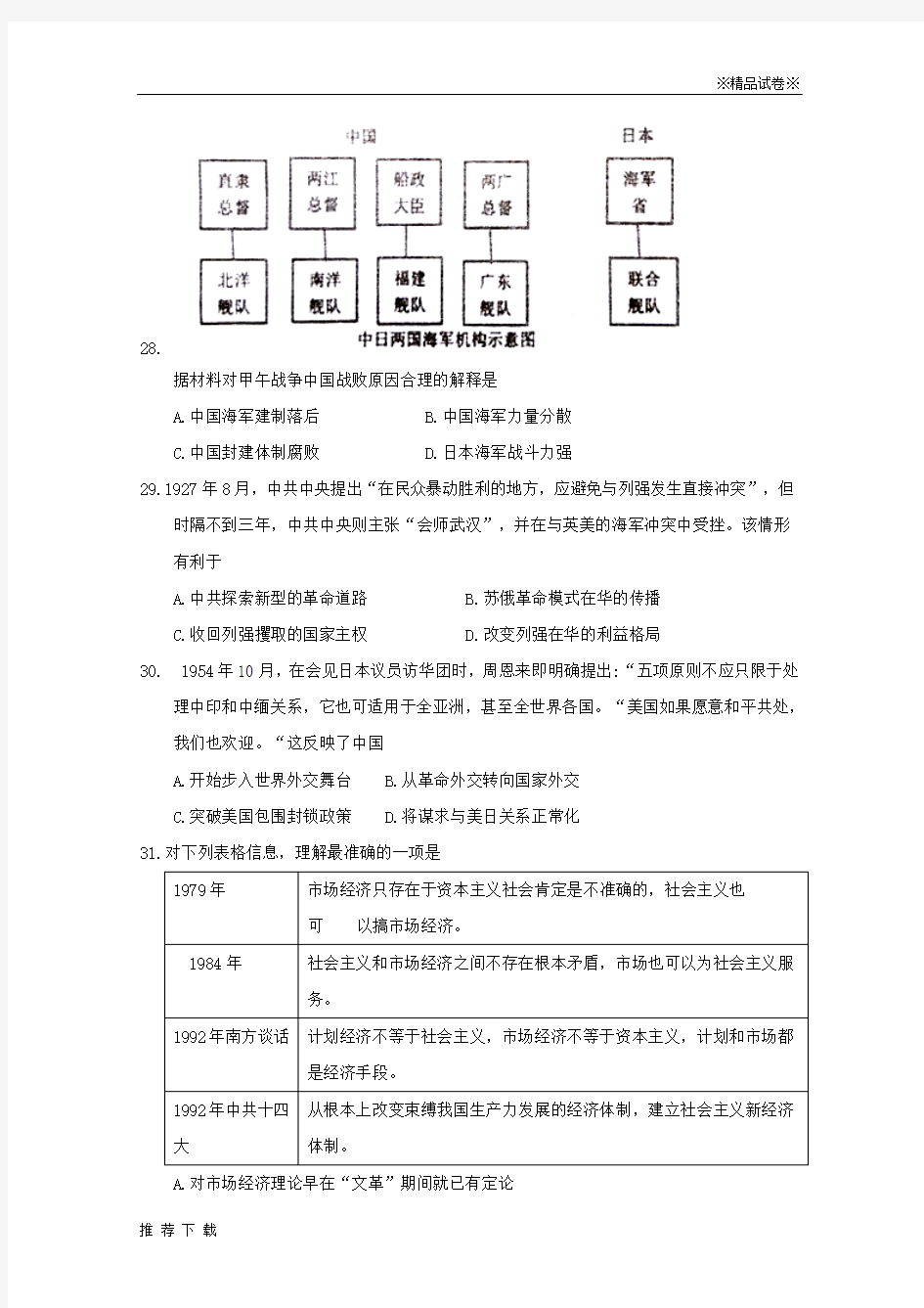 精品2019届高三历史第十九次考试试题 新人教版