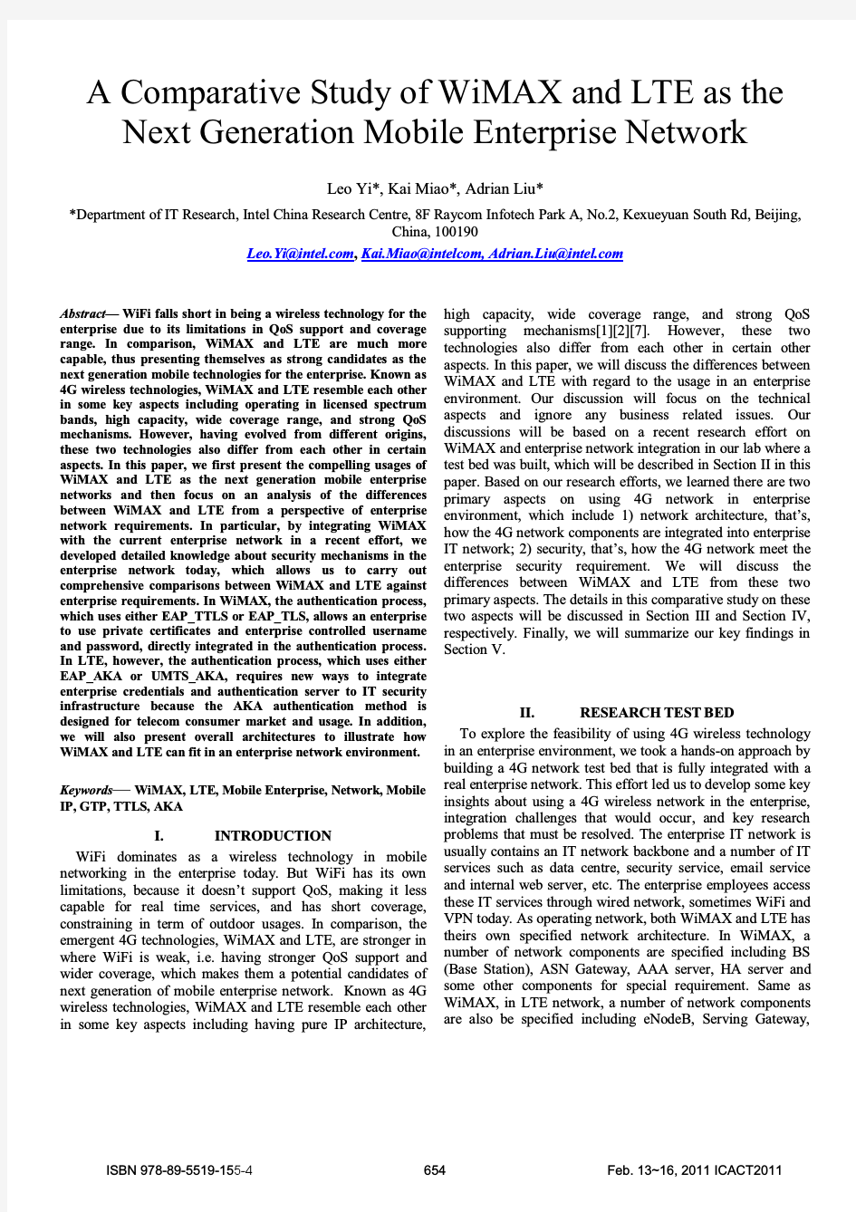 A comparative study of WiMAX and LTE as the next generation mobile enterprise network