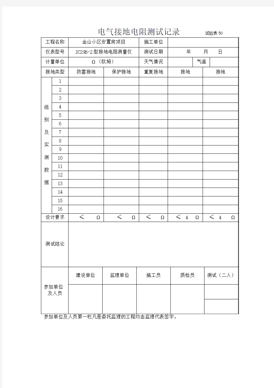 电气接地电阻测试记录------试验表50