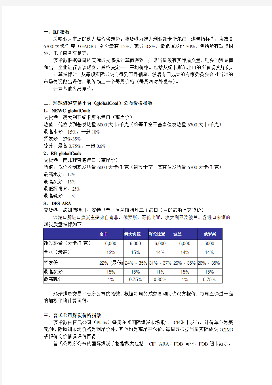 三种国际煤炭价格计算方法及指标简要说明