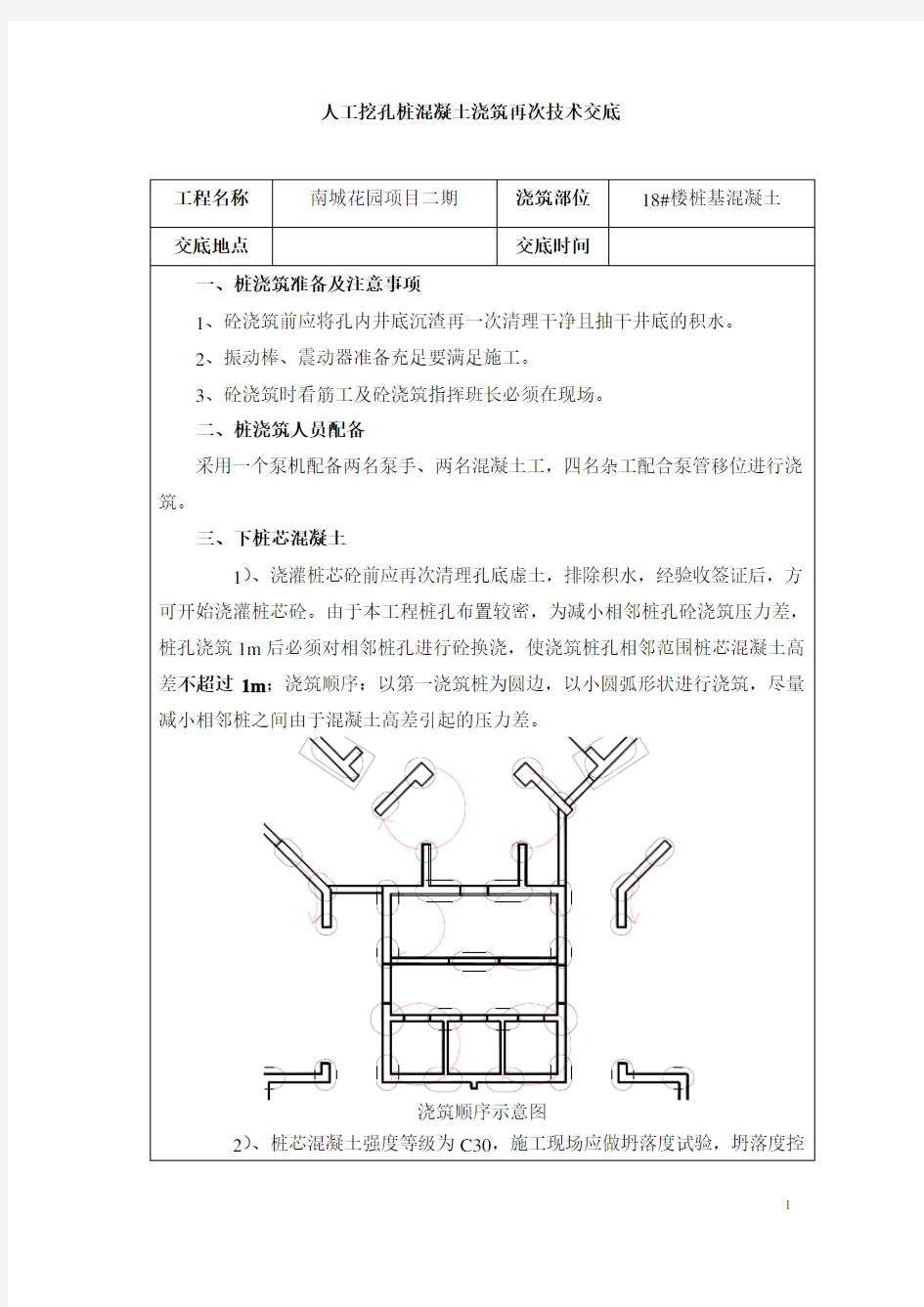 人工挖孔桩混凝土浇筑技术交底