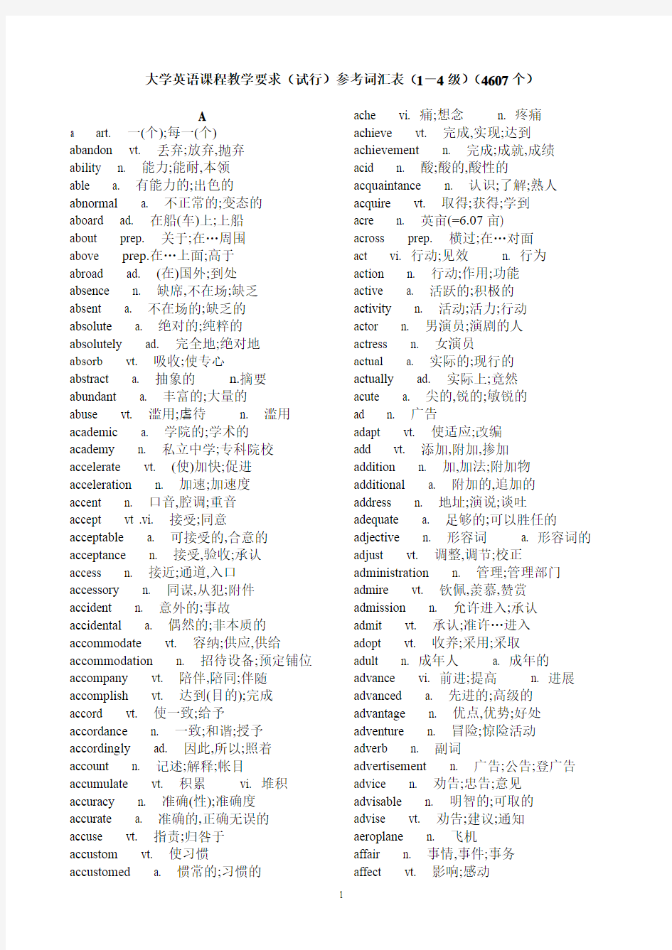 大学英语课程教学要求(试行)参考词汇表(1-4级)