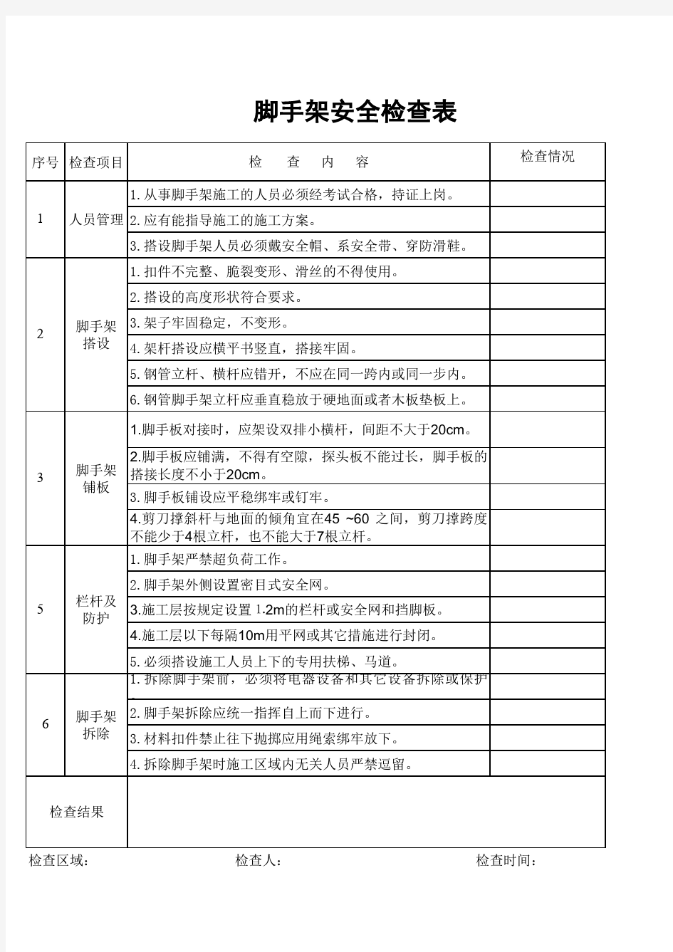 脚手架日常检查表