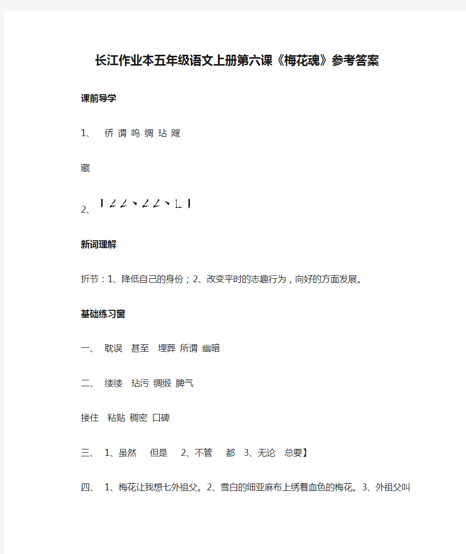 长江作业本五年级语文上册第六课《梅花魂》参考答案