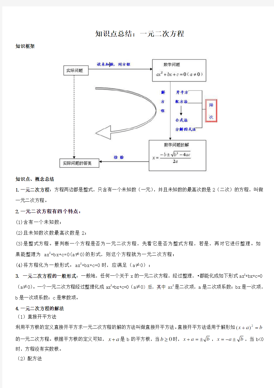 初中数学一元二次方程知识点总结与练习