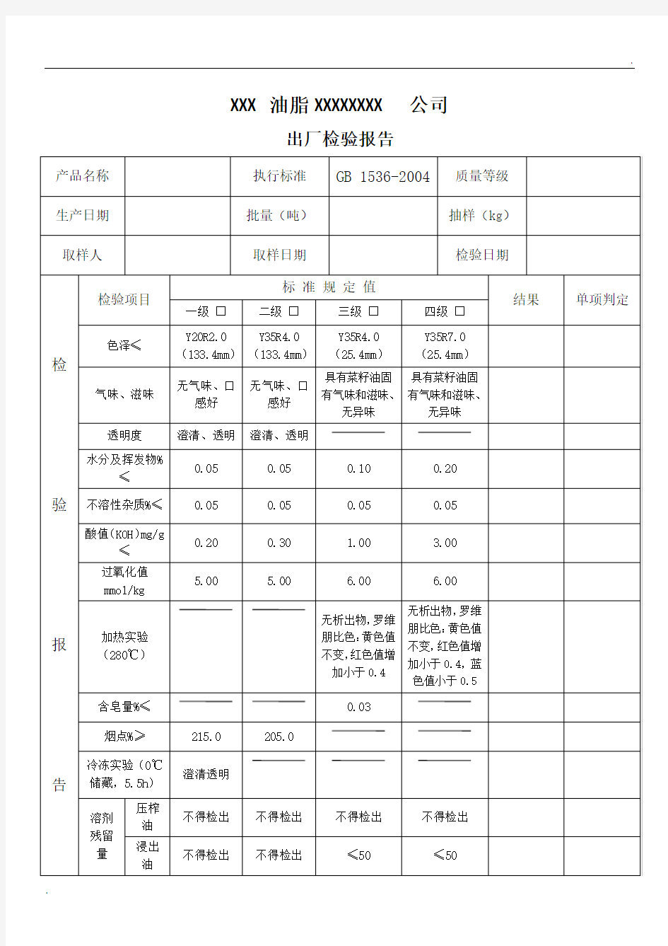 食用油企业产品出厂检验报告