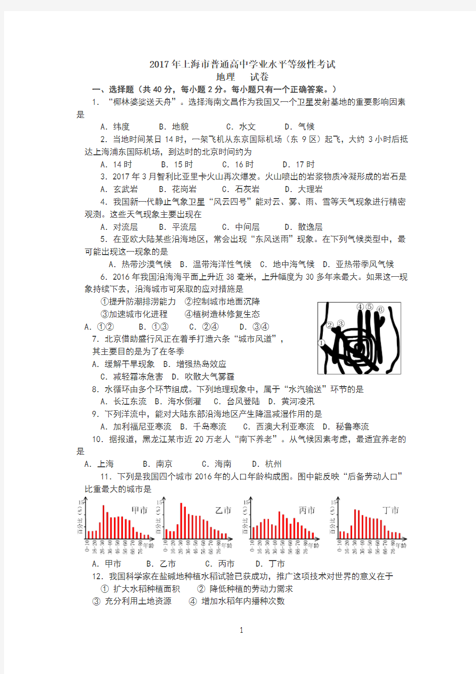 2017年上海高中地理等级性考试试卷