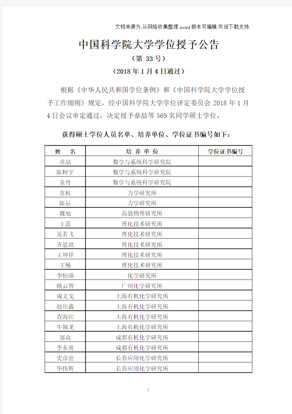 中国科学院大学学位授予公告[001]