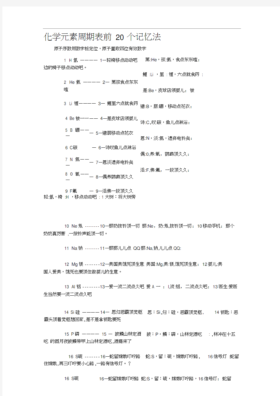 化学元素周期表前20个记忆法