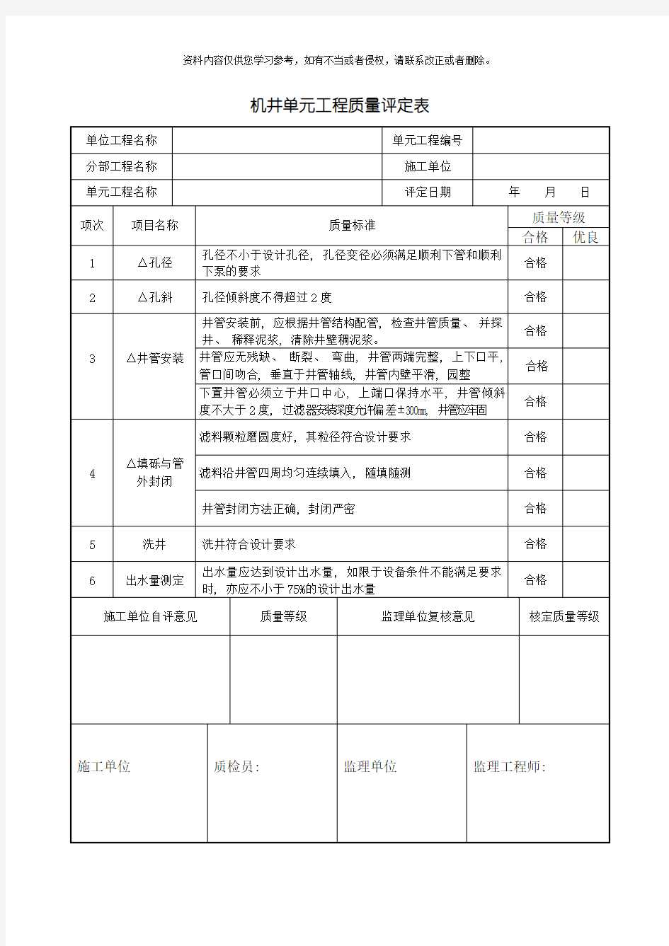 各个单元工程质量评定表模板