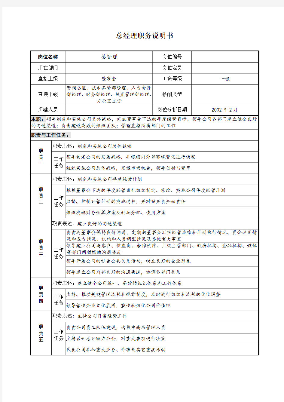 公司总经理职务说明书