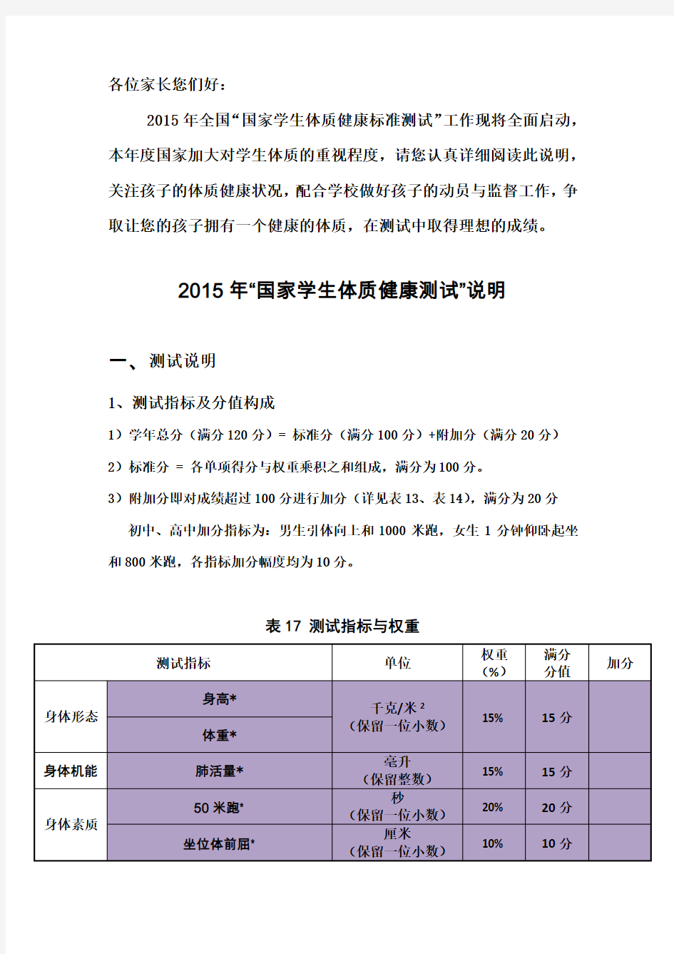 初高中学生国家体质健康测试说明