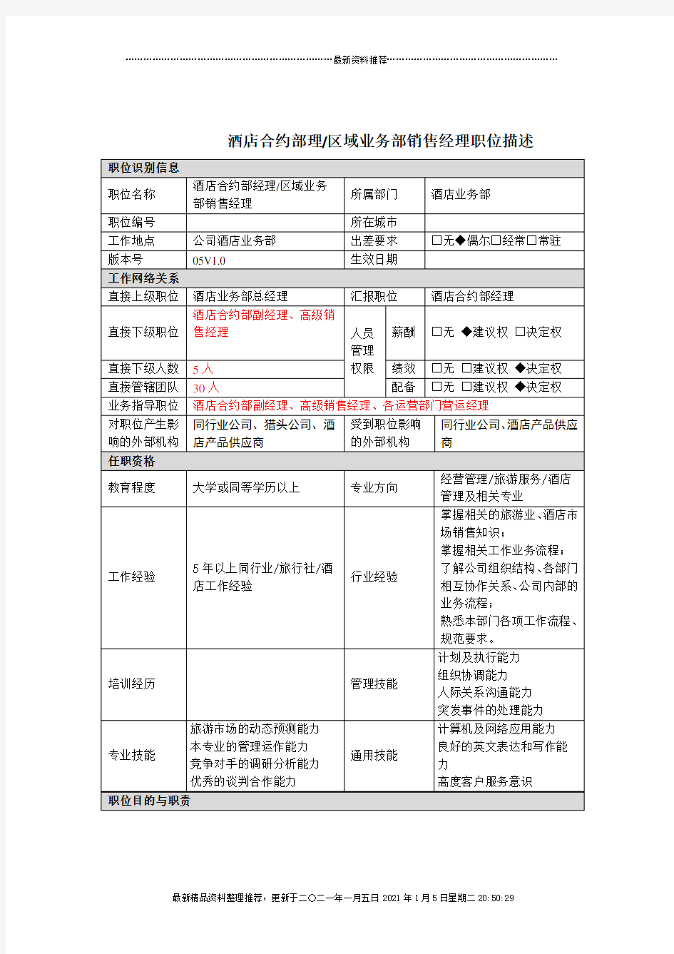 酒店合约部理区域业务部销售经理岗位说明书