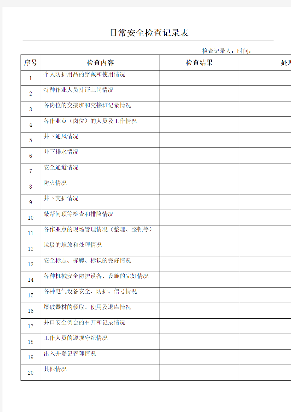 日常安全检查记录表格模板