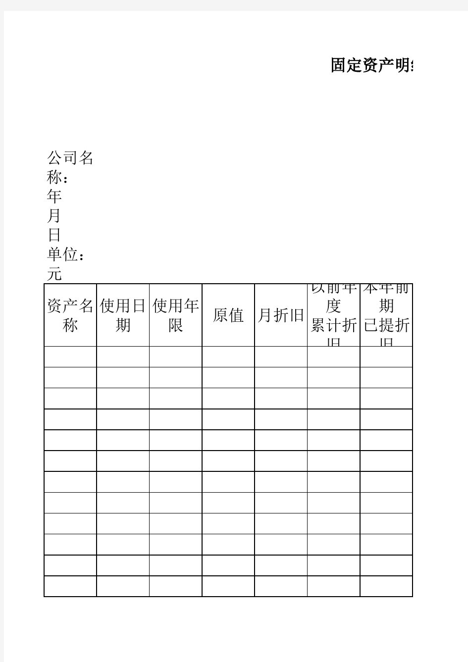 固定资产明细表格