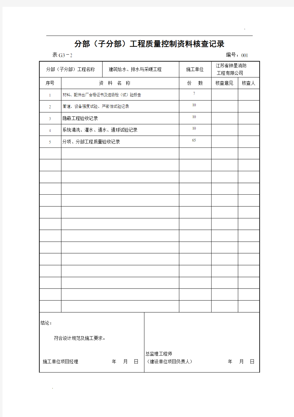 -分部(子分部)工程质量控制资料核查记录