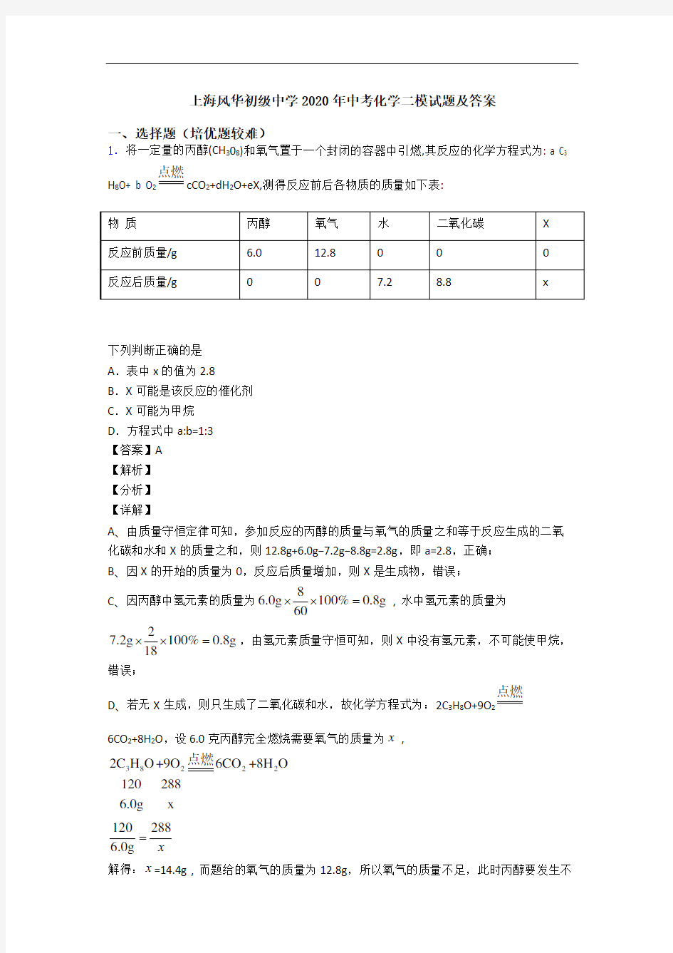 上海风华初级中学2020年中考化学二模试题及答案