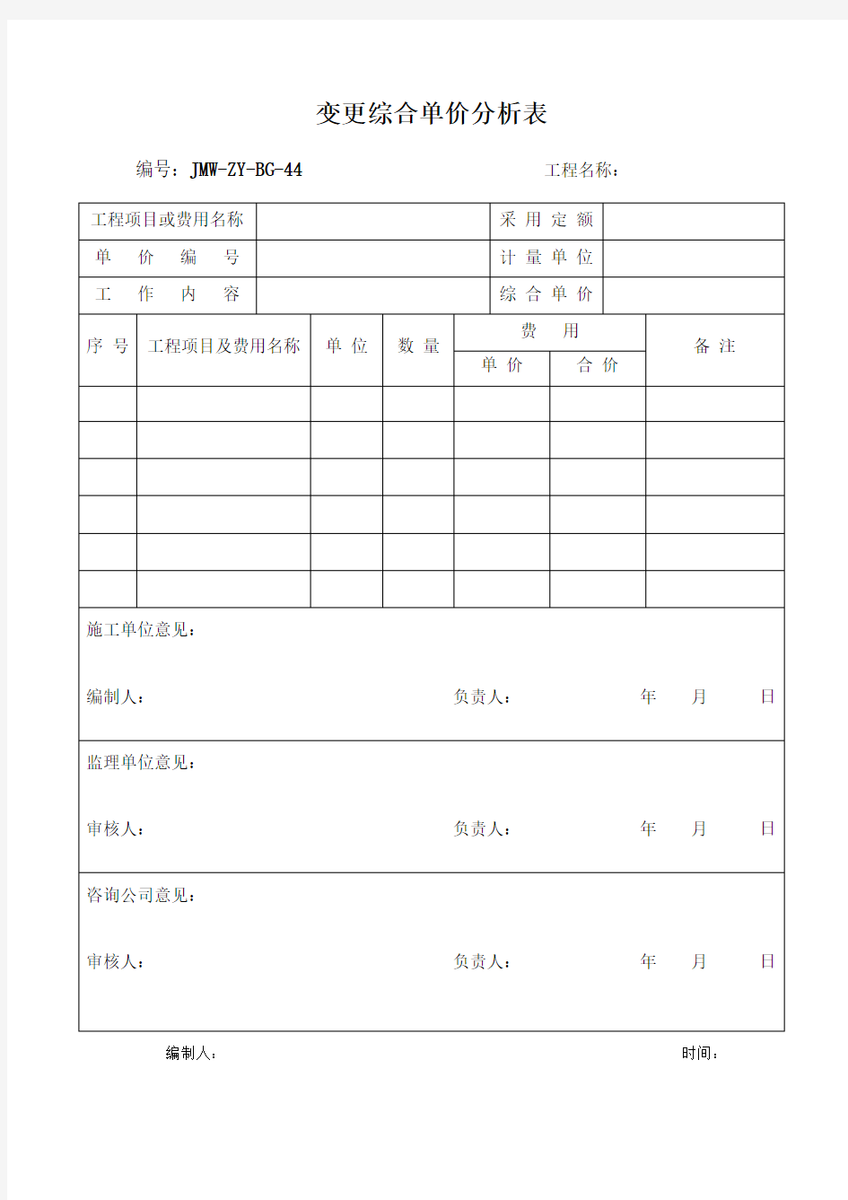 建设工程变更综合单价分析表