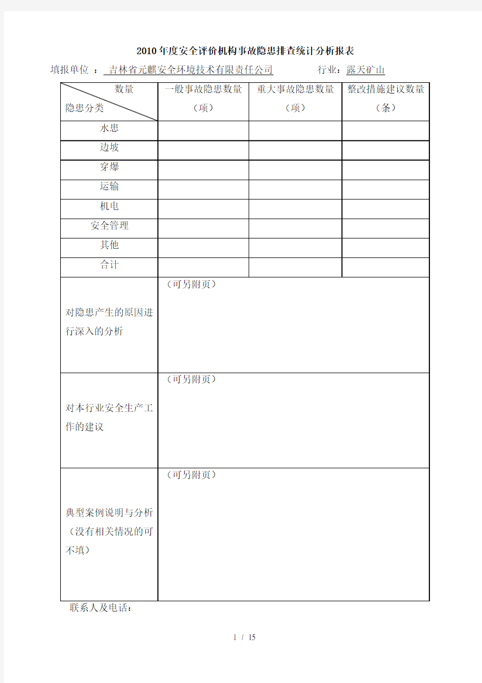 露天矿山隐患排查危险分析表