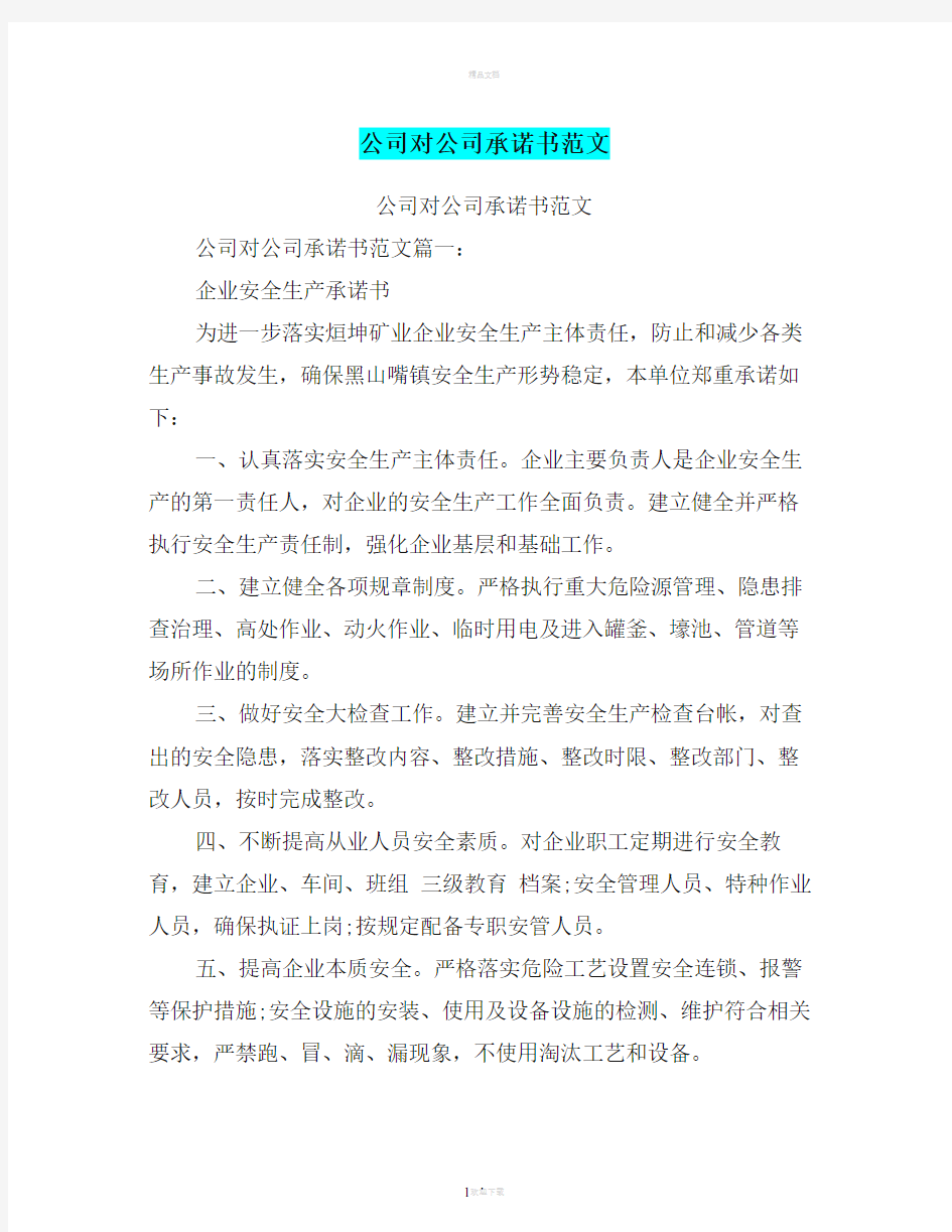 公司对公司承诺书范文