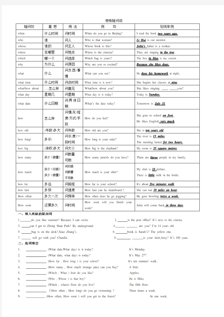 (完整版)初中英语特殊疑问句练习题(综合)(2)