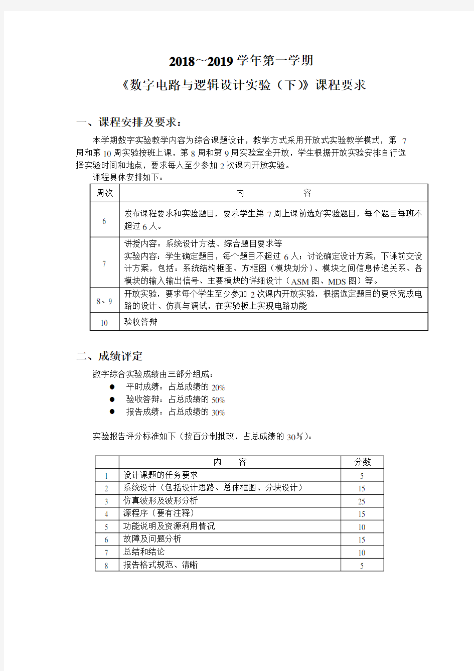 2018秋数字电路与逻辑设计实验课程要求及题目