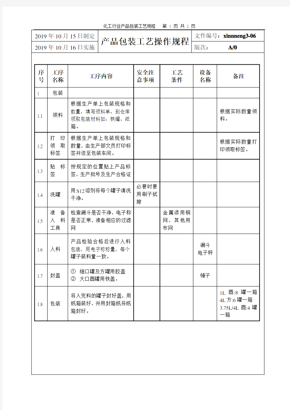 化工行业产品包装工艺规程