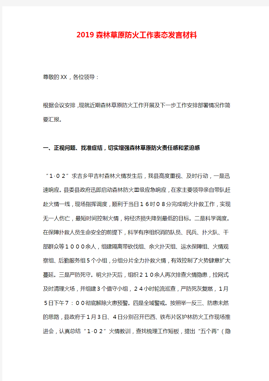 2019森林草原防火工作表态发言材料