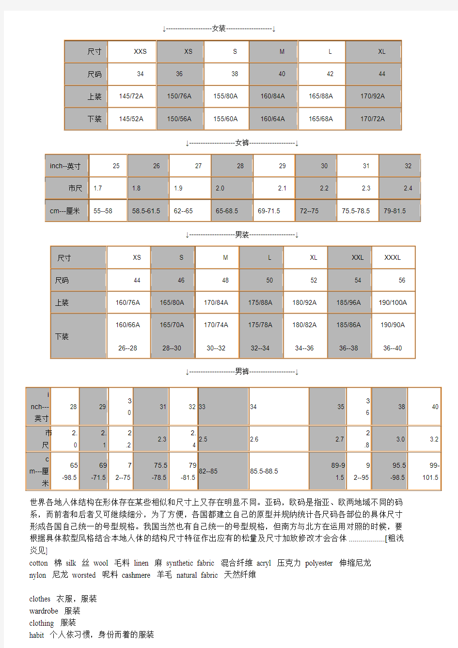 欧亚服装尺码对照表