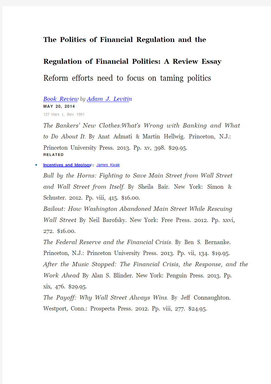 The Politics of Financial Regulation and the Regulation of Financial Politics A Review Essay