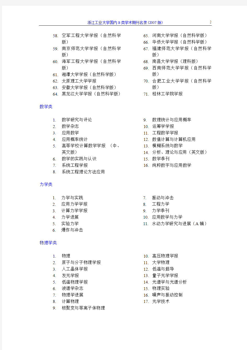 浙江工业大学国内B类学术期刊名录(2007版)