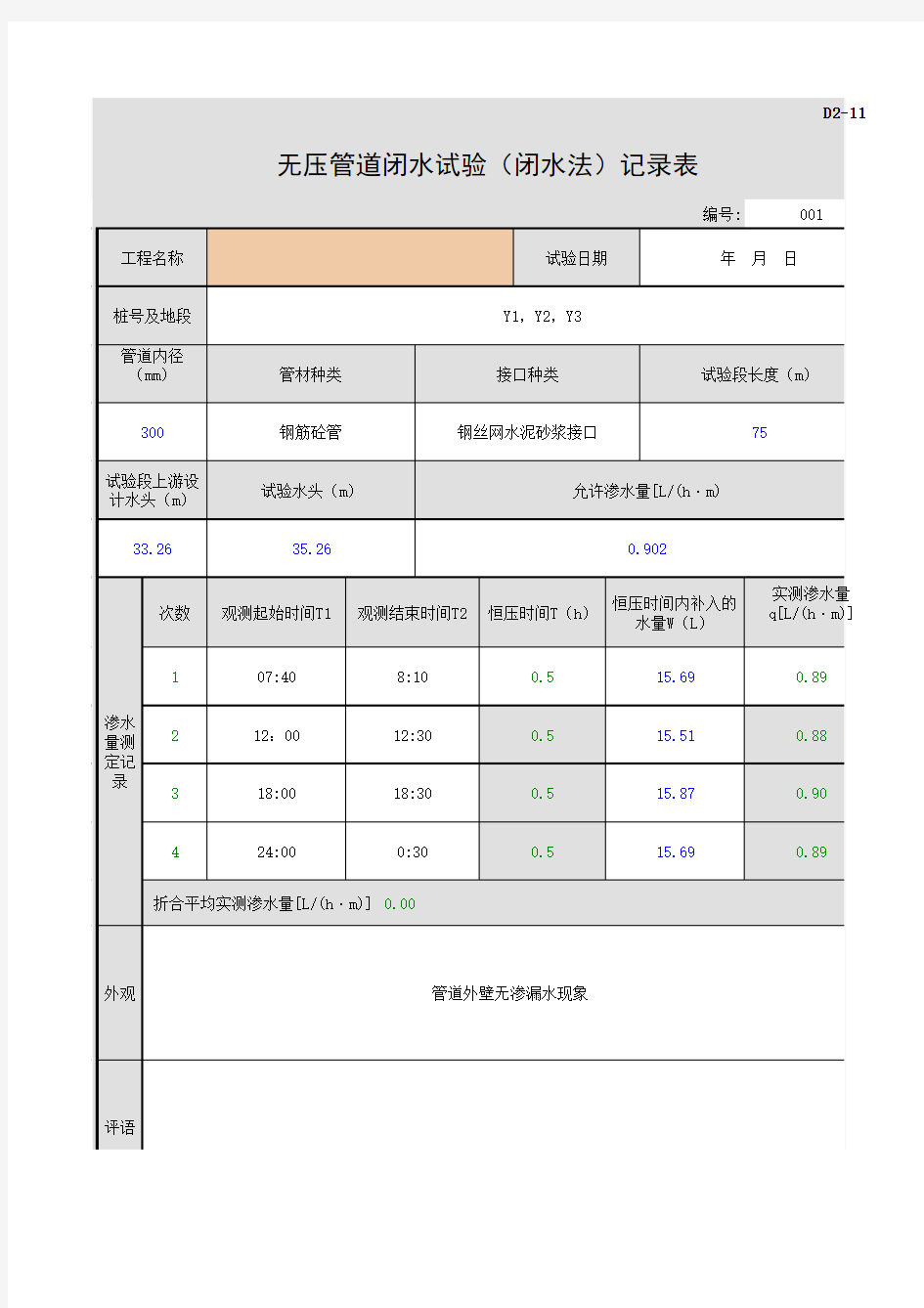 001-D2-11 无压管道闭水试验记录表