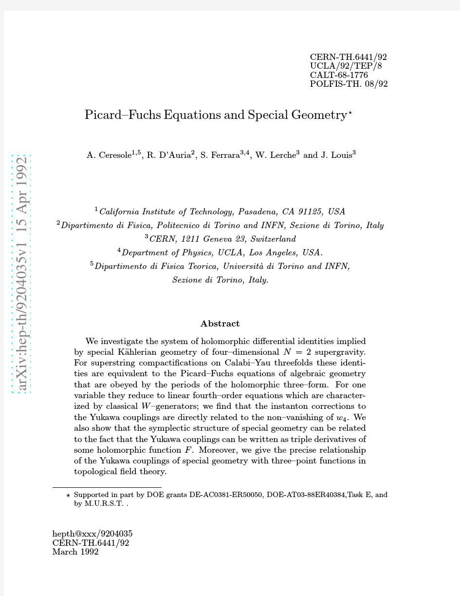 Picard-Fuchs Equations and Special Geometry