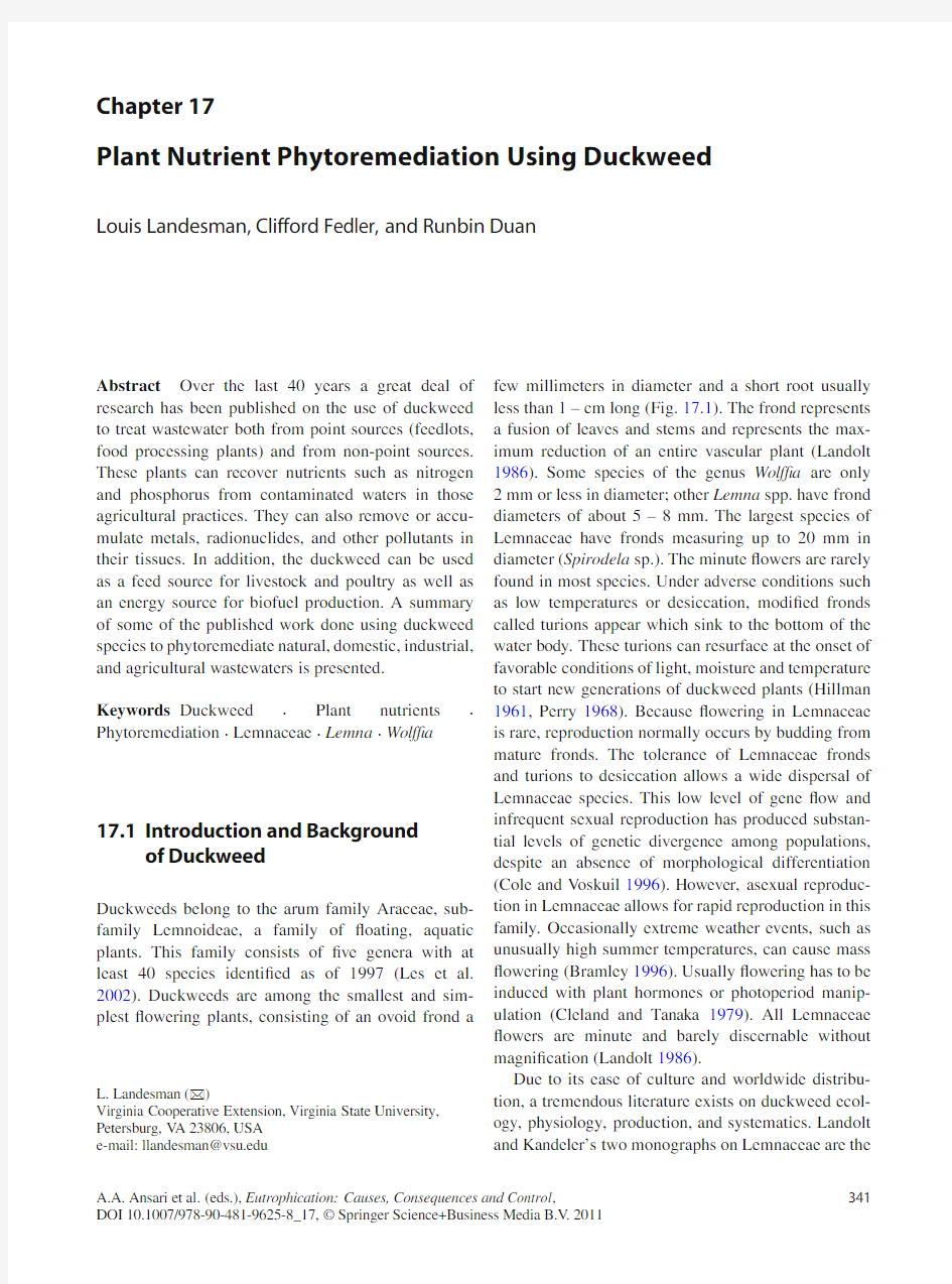 Plant Nutrient Phytoremediation Using Duckweed