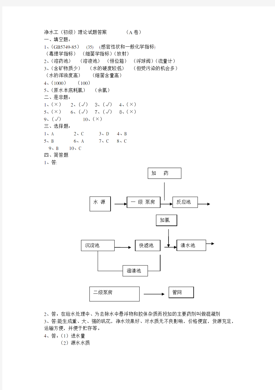 净水工初级理论 试题答案