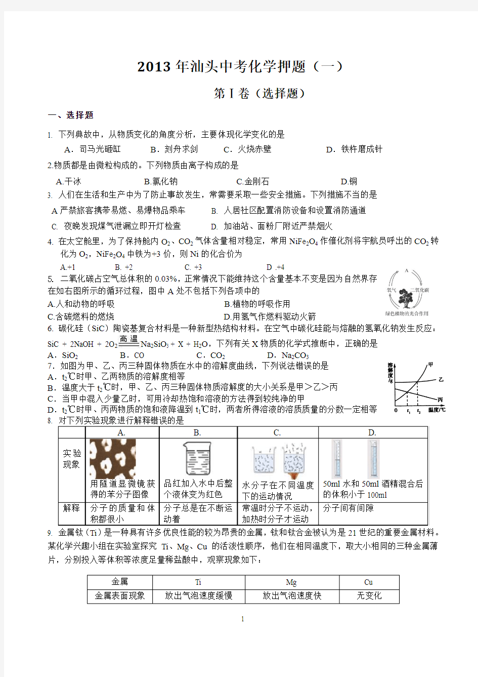 2013年汕头中考化学冲刺模拟试题及答案