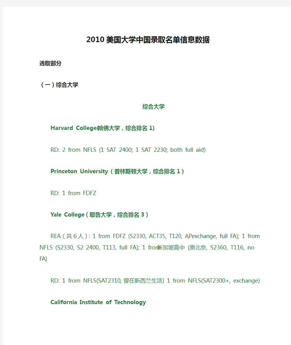 2010美国大学中国录取名单信息数据