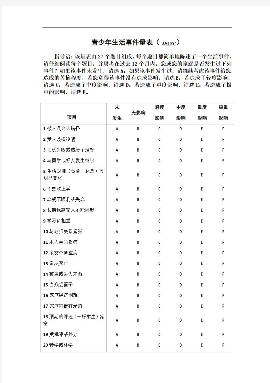 青少年生活事件量表(-ASLEC)(包括评分规则及诊断标准)