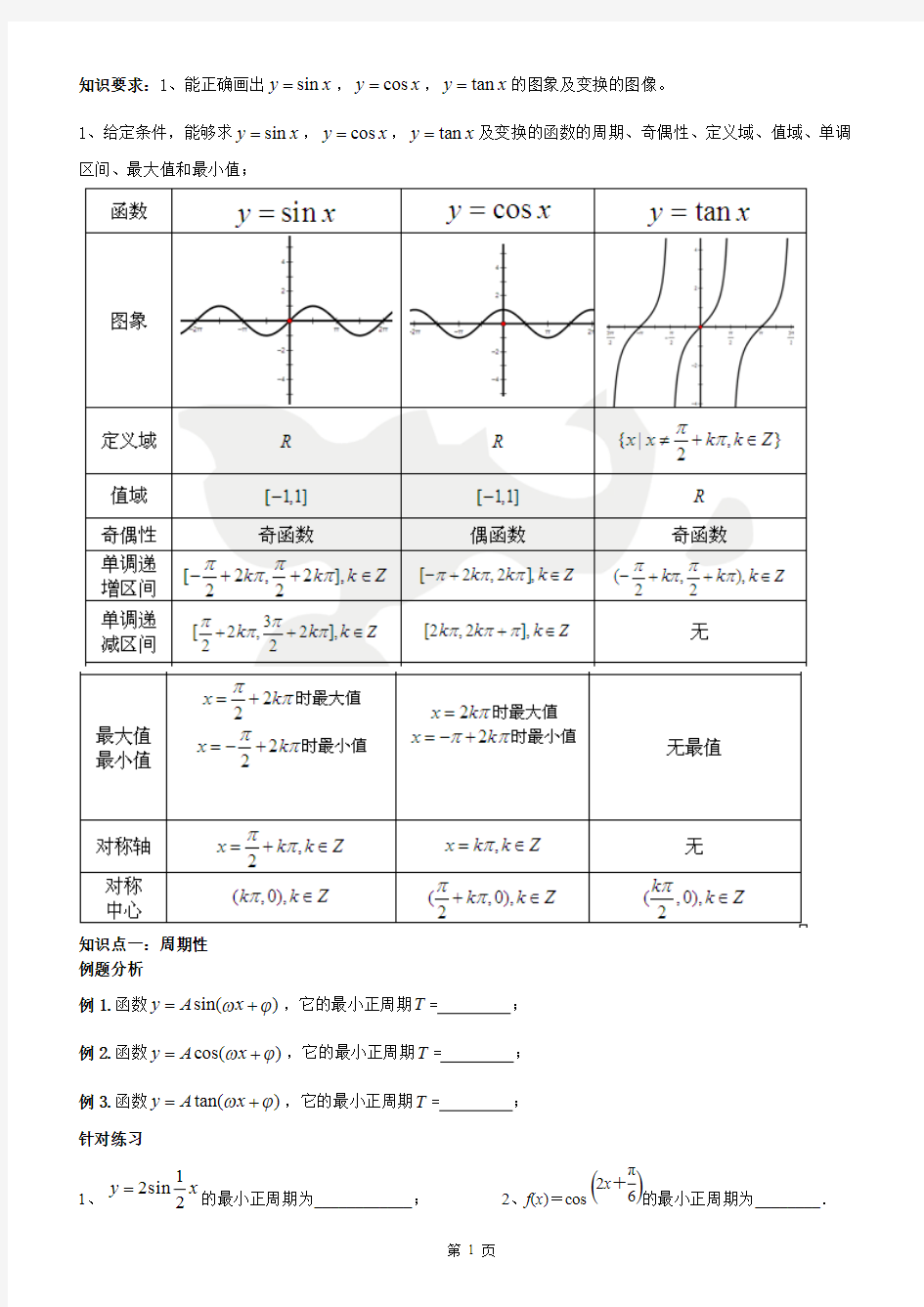 (完整版)三角函数的周期性、奇偶性、单调性知识点和练习,推荐文档