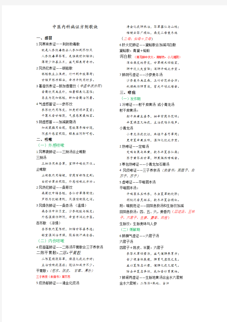 (完整版)中医内科病证方剂歌诀(优美排版打印首选)