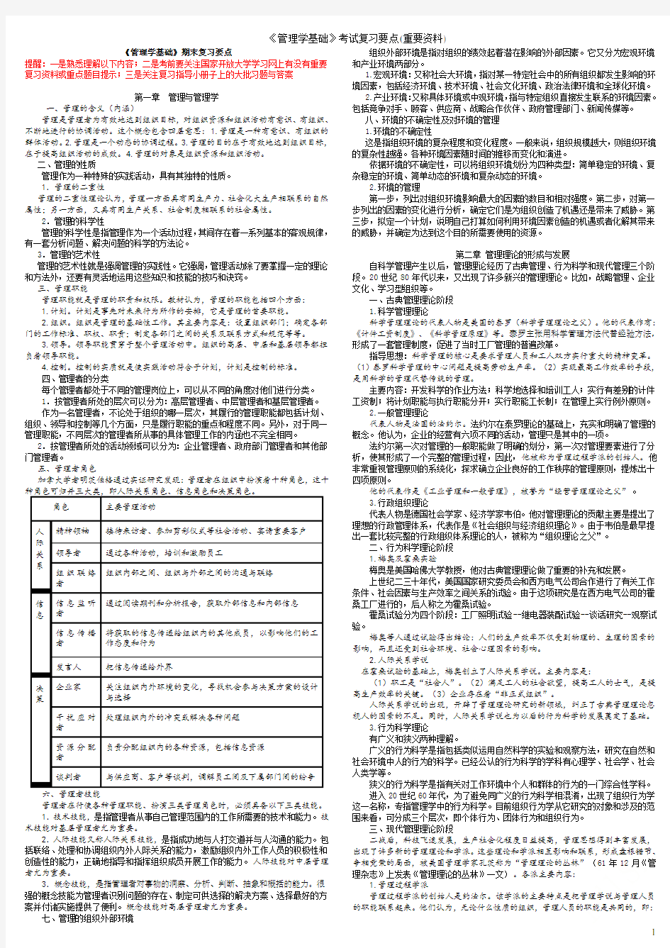 《管理学基础》考试复习要点(重要资料)