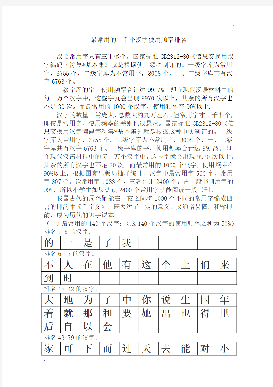 最常用的1000个汉字(简体表)