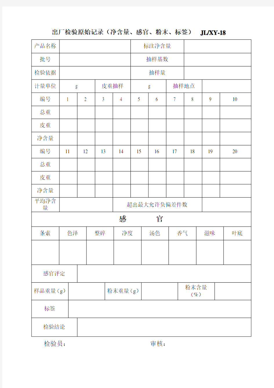 18净含量及感官检验原始记录