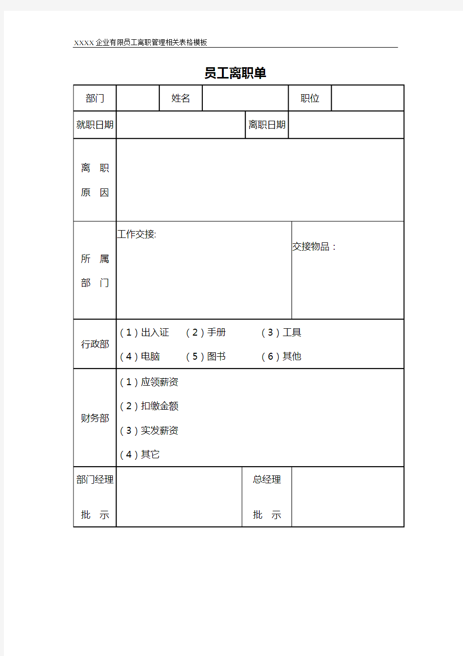 员工离职管理相关表格范本